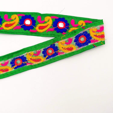 Green Floral Mirrored Trim With Royal Blue Flowers And Yellow Paisley Embroidery, Decorative Trimming, Trim By 3 Yards